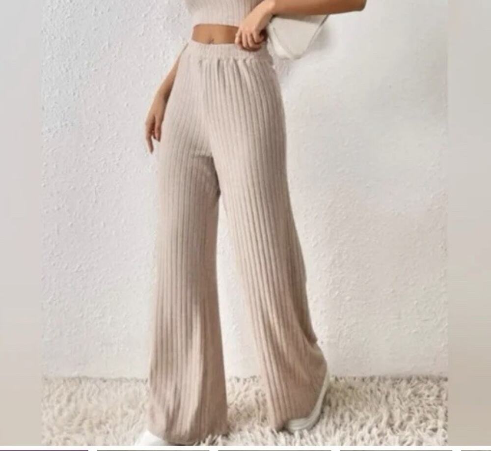 Sincerely Jules Womens M Ribbed Knit Wide-Leg Pants LIGHT BLUE lounge 90s Soft
